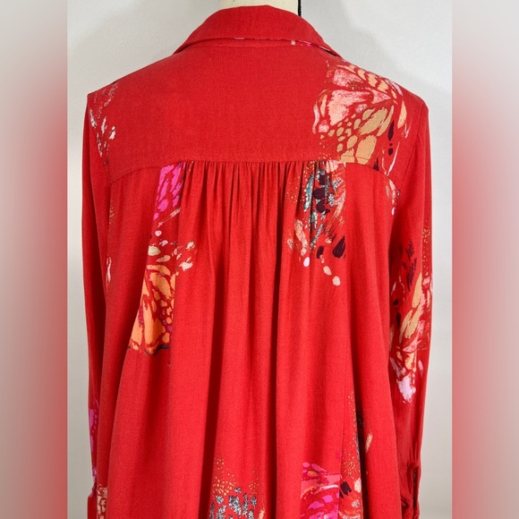 Free People Field of Butterflies Oversized Red Orange Long Sleeve Tunic size S - Picture 10 of 13